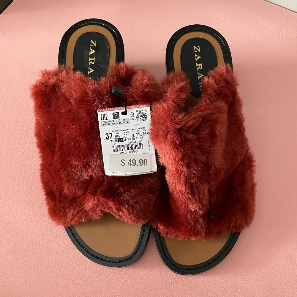 NWT Zara Faux Fur Mule Burgundy Sz 37